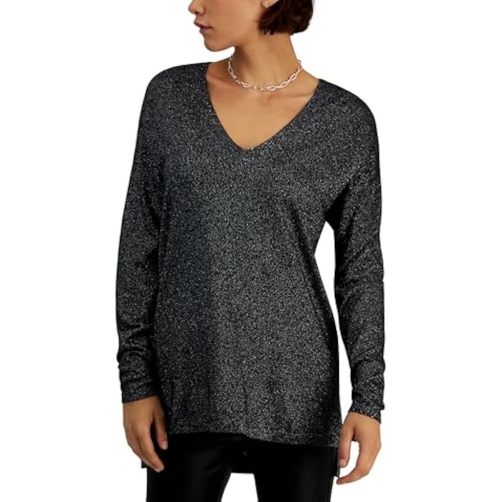 INC International Concepts Womens Lurex V Neck Sweater Black Silver size XL